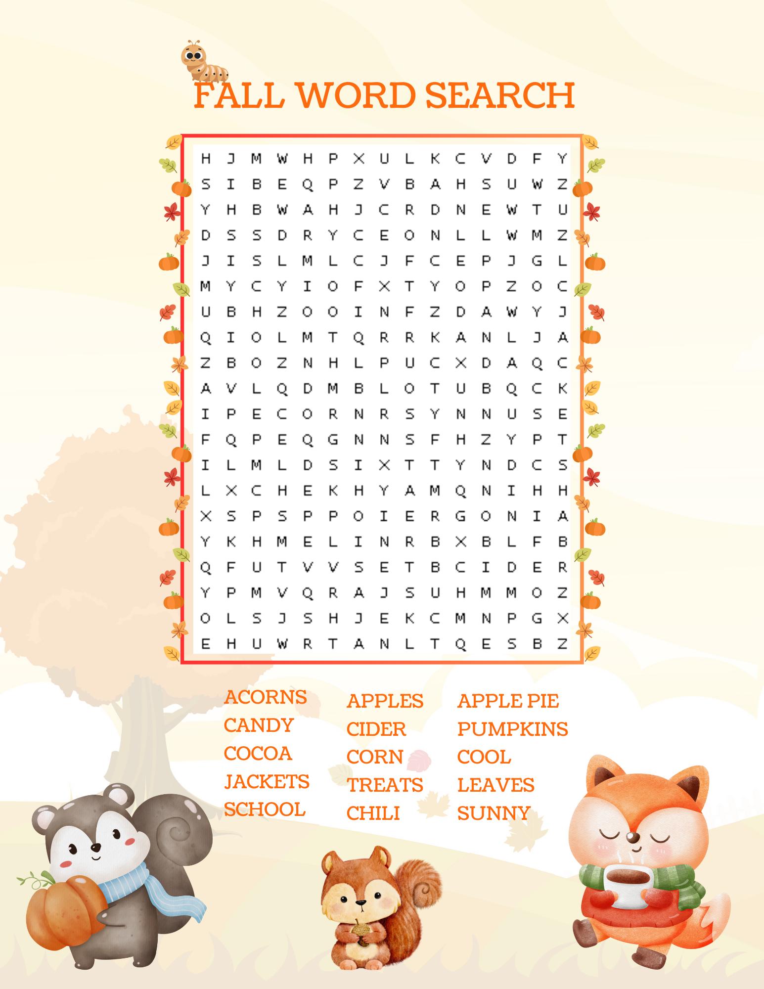 Fall themed word search with cartoon animals.