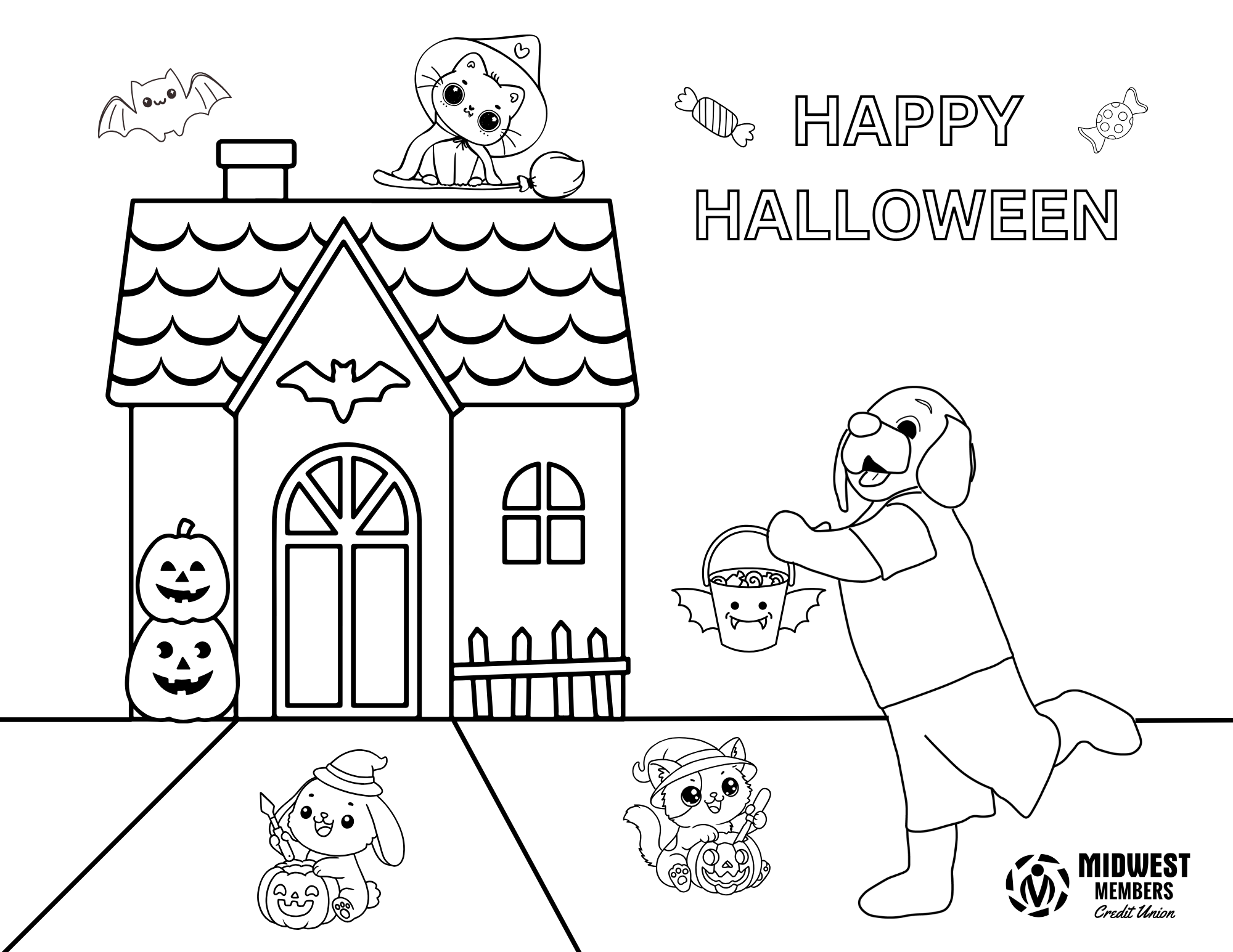 Coloring Page with Money Dog and Halloween Characters